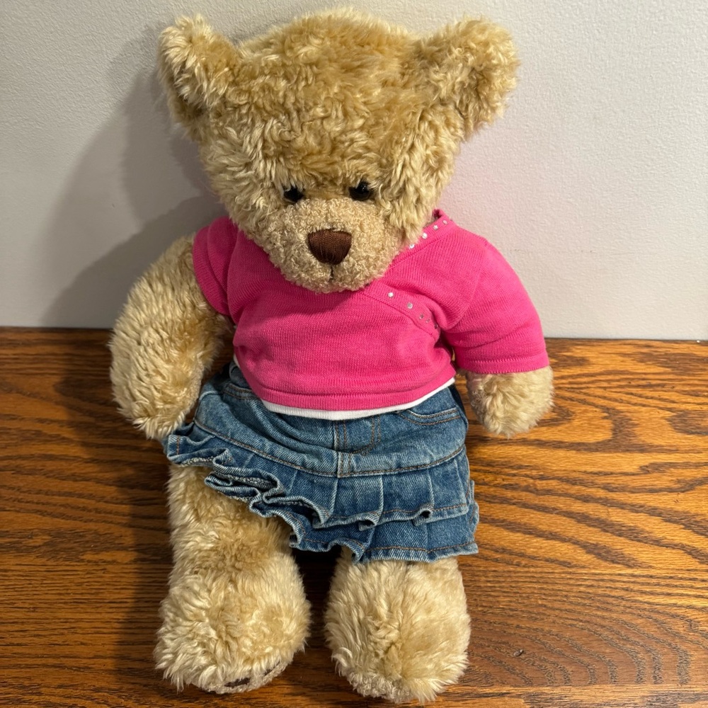 BAB Build-A-Bear Tan Teddy Bear with Pink Top and Blue Denim Jean Skirt Fluffy